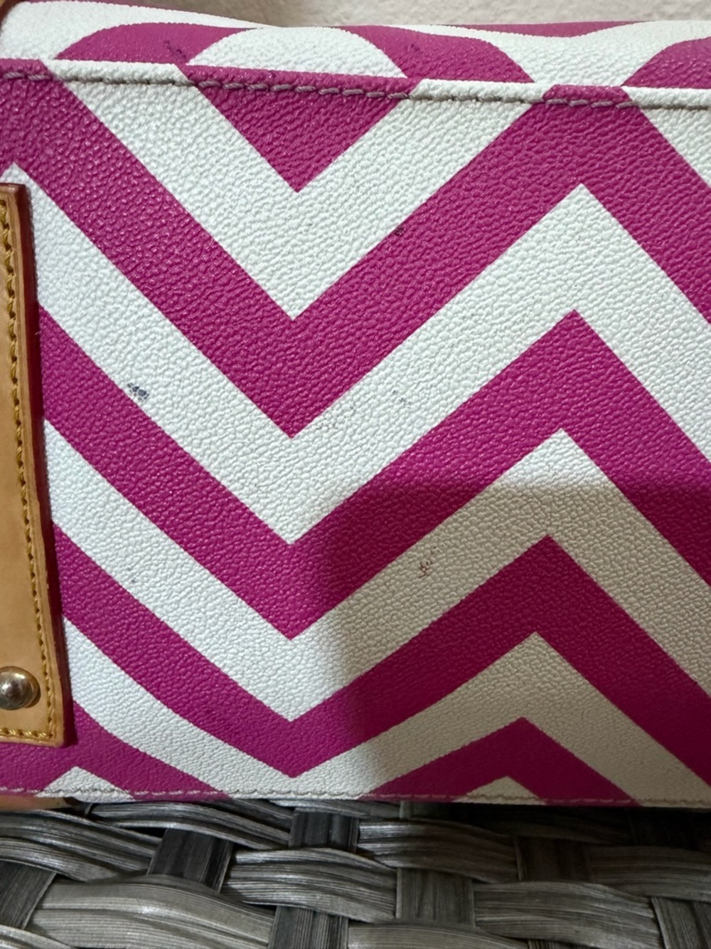 Dooney & Bourke Pink & White Geena Chevron Top Handle Satchel - Tan Leather Trim - Picture 13 of 16